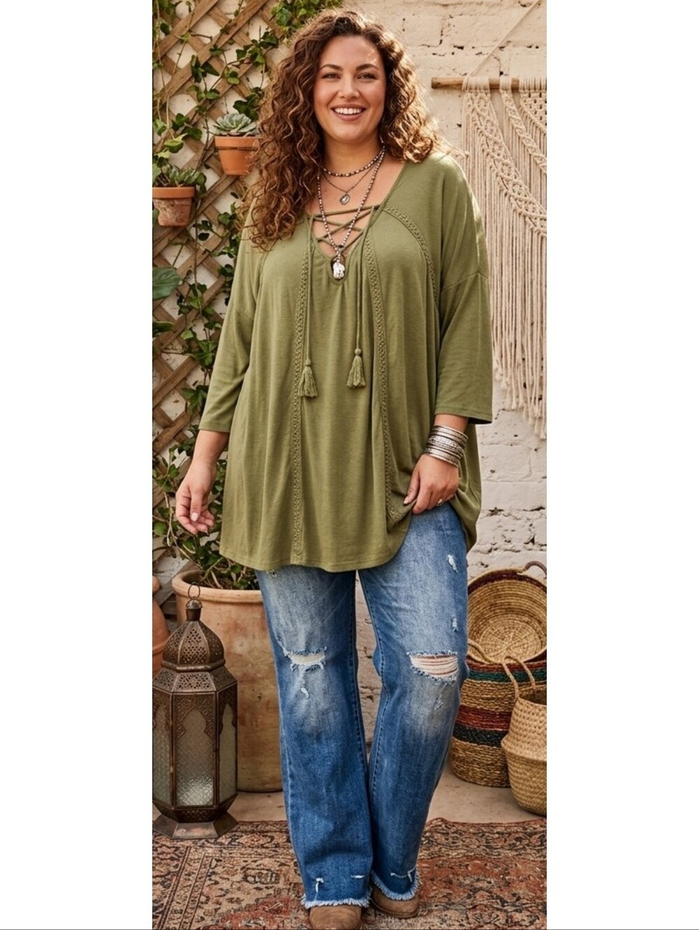 Hannah Boho Tie Front Tunic  Top Olive Green Size 2X